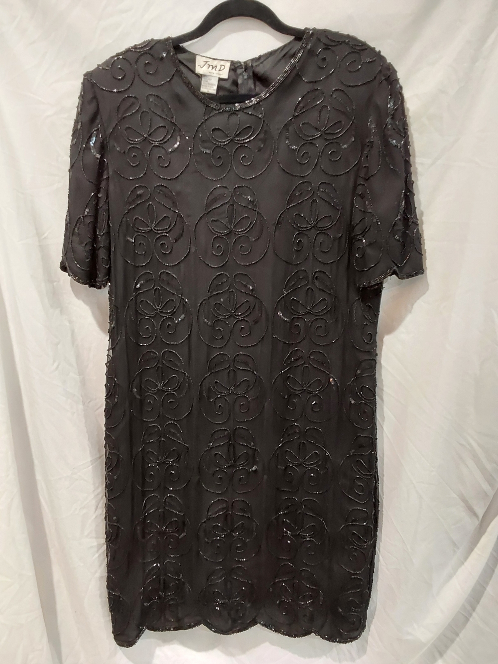 JMD New York Black Beaded  Short-Sleeve Mini Dress With Black Silk Lining.